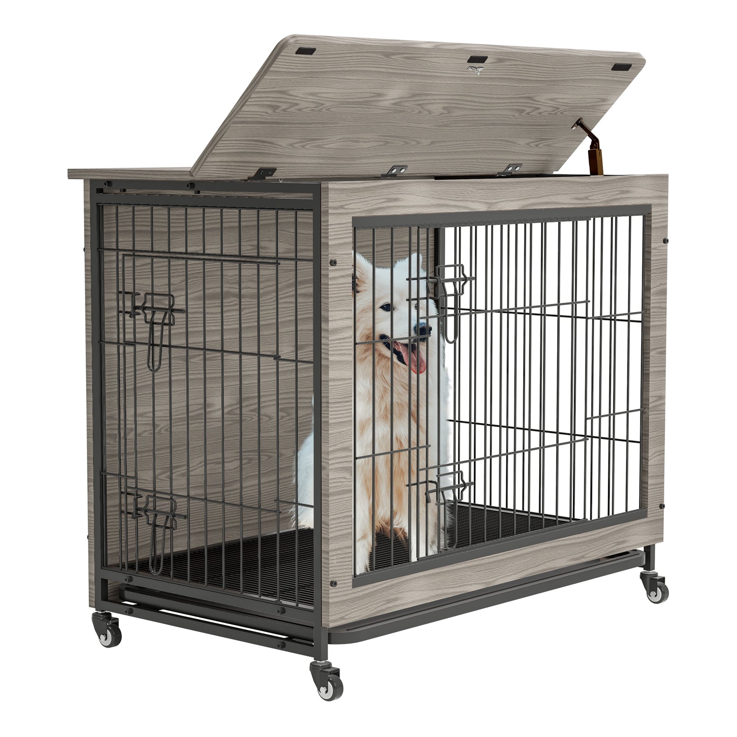 Dog Crate Furniture , Heavy Duty Wooden Dog Kennel with Double Doors & Flip-Top for Large Dogs, Furniture Style Dog Crate End Table with Wheels