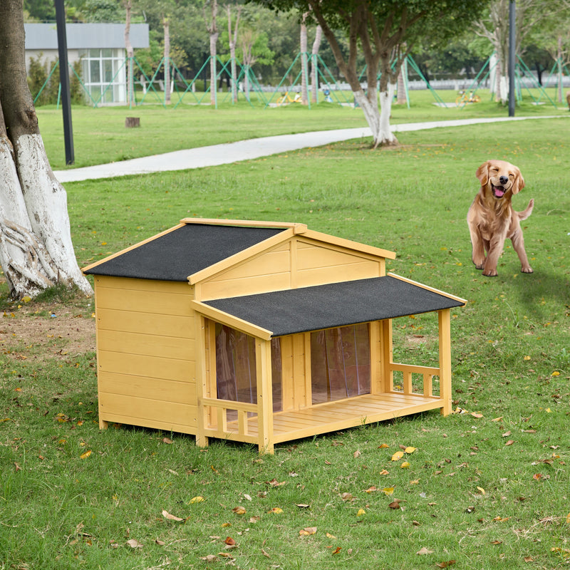 Dog House, Waterproof Dog Cage Kennel, Wooden Outdoor and Indoor Dog House, Raised Pet Kennel for Medium Dogs, Log Cabin Style with Porch,Elevated Floor,Asphalt Roof, 2 Doors, Pine Wood Natural