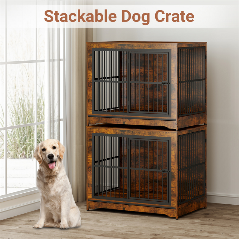 86 Inch Double Dog Crate Furniture with Divider, Large Dog Kennel Furniture for 2 Dogs, Corner Dog Kennel for Small Medium Large Dogs