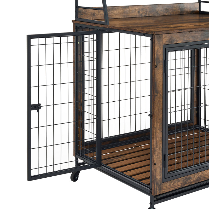 Furniture type dog cage iron frame door with cabinet, two door design, Rustic Brown, 37.99"WX27.36"DX59.92"H