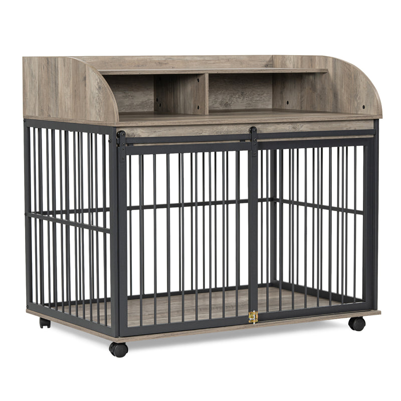 Heavy Duty Dog Crate Furniture for Medium Dog with Lockable Wheels, Wooden Dog Crate Dog Kennel, End Table Crate with Double layer storage, Grey, Brown
