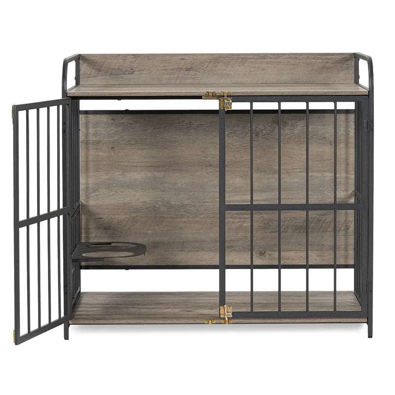Heavy Duty Dog Crate Furniture for Medium Dog with Lockable Wheels, Wooden Dog Crate Dog Kennel, End Table Crate with Double layer storage, Grey, Brown