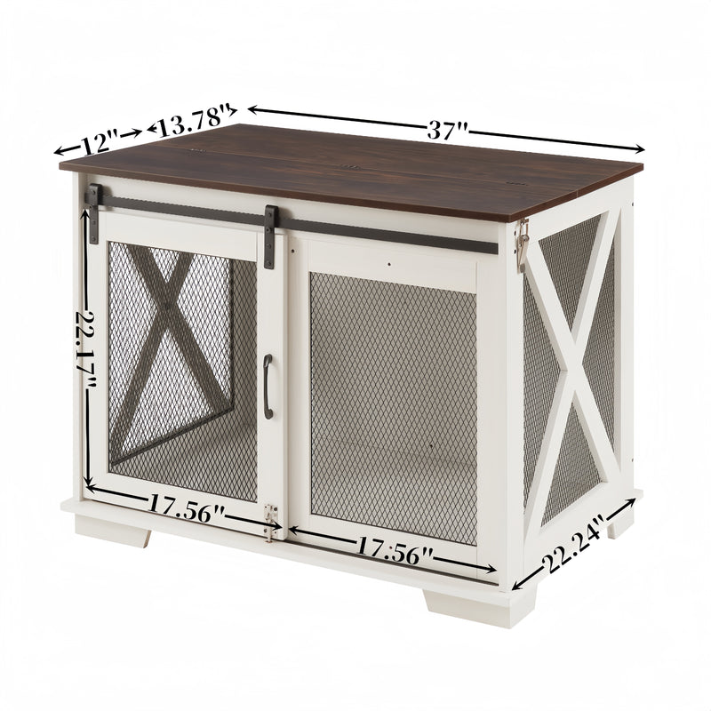 Dog Cage Crate Furniture with Sliding Barn Door,  Farmhouse Wooden Dog Kennel End Table with Flip-top Plate Dog House with Detachable Divider for Small/Medium/Large Dog