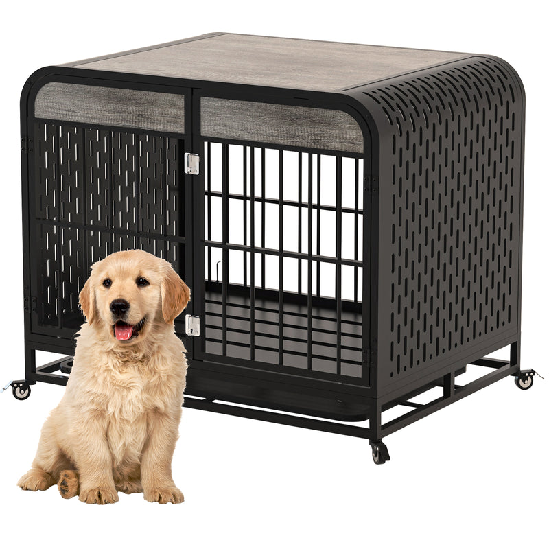 Heavy Duty Dog Crate Furniture Wooden Table Pet Dog Cage Kennel House Indoor Side End Table Decor with Removable Trays and Lockable Wheels for Medium and Large Dogs