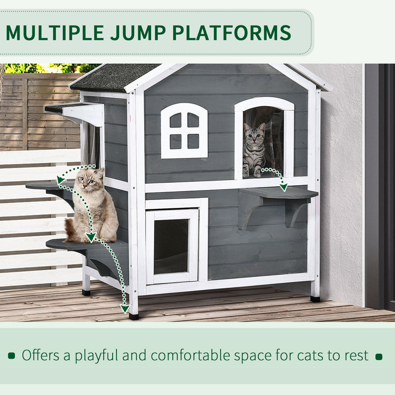 2-story Cat House Outdoor, Weatherproof Wooden Cat Enclosure for Feral Cats with Escape Door, Openable Roof, Jumping Platforms, Gray