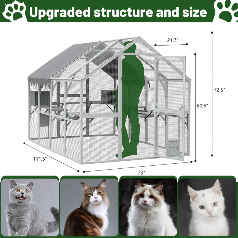 Outdoor Cat House Cat Enclosures 110" Large Kitten Playpen with Platforms,Upgrade Waterproof Cover & White