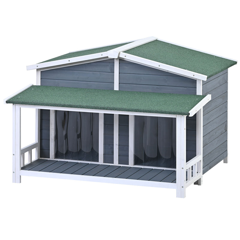 47.2" Large Wooden Dog House Outdoor, Outdoor & Indoor Dog Crate, Cabin Style, With Porch, 2 Doors, Gray And Green
