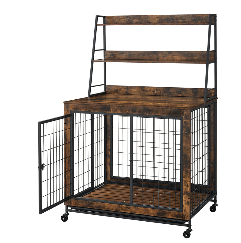 Furniture type dog cage iron frame door with cabinet, two door design, Rustic Brown, 37.99"WX27.36"DX59.92"H