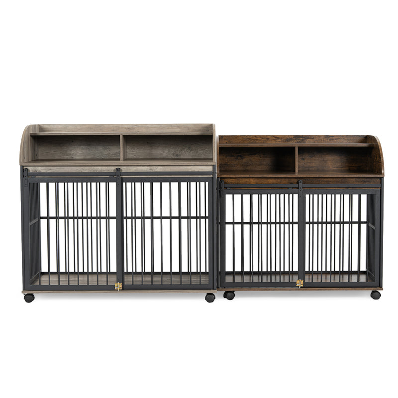 Heavy Duty Dog Crate Furniture for Medium Dog with Lockable Wheels, Wooden Dog Crate Dog Kennel, End Table Crate with Double layer storage, Grey, Brown
