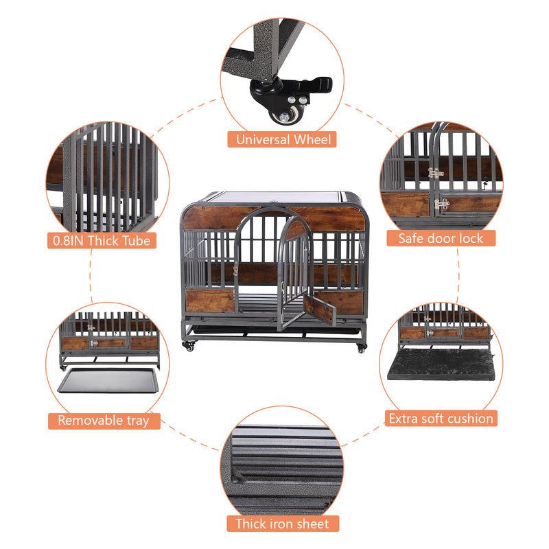 46in Heavy Duty Dog Crate, Furniture Style Dog Crate with Removable Trays and Wheels for High Anxiety Dogs