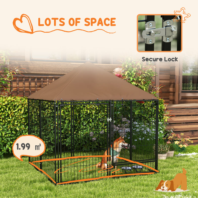 Outside Dog Kennel, 4.6' x 4.6' x 5' Puppy Play Pen with Canopy, Garden Playpen Fence Crate Enclosure Cage Rotating Bowl, Black