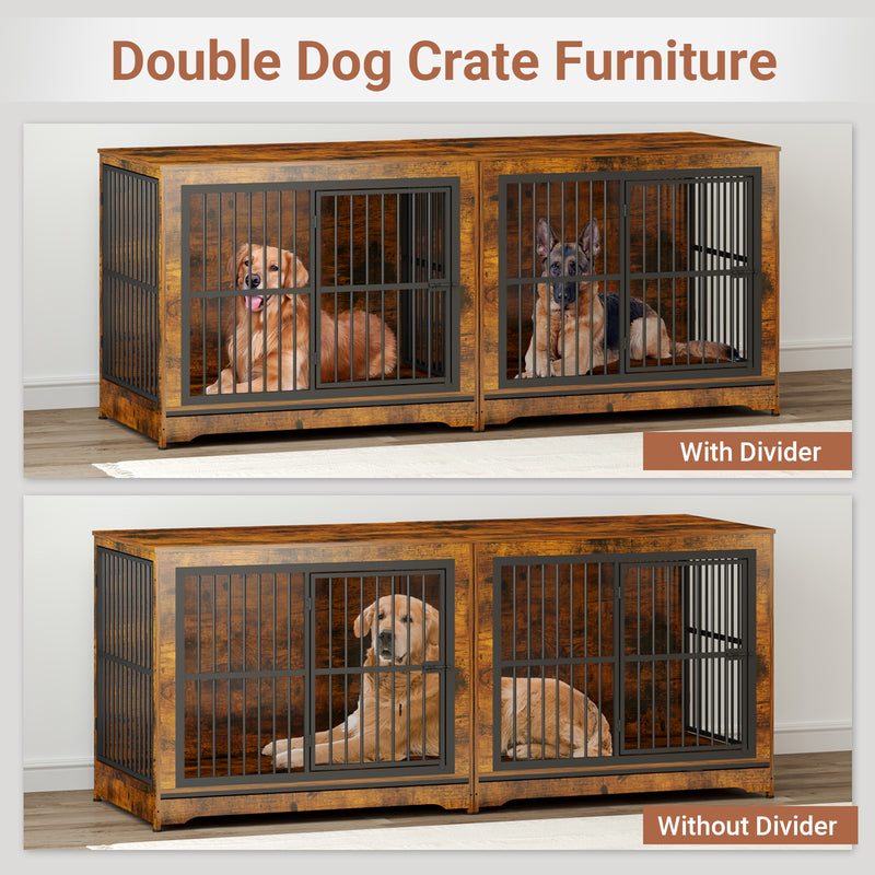 86 Inch Double Dog Crate Furniture with Divider, Large Dog Kennel Furniture for 2 Dogs, Corner Dog Kennel for Small Medium Large Dogs