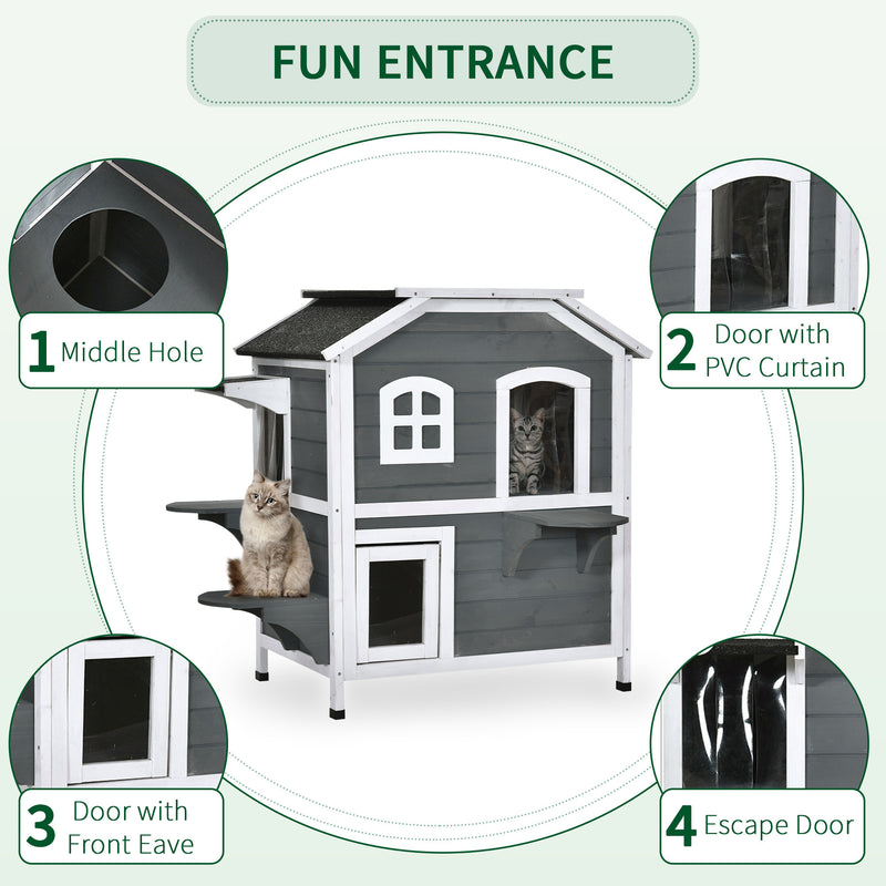 2-story Cat House Outdoor, Weatherproof Wooden Cat Enclosure for Feral Cats with Escape Door, Openable Roof, Jumping Platforms, Gray