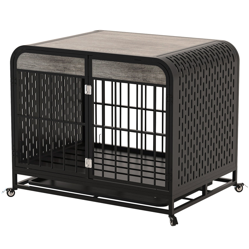 Heavy Duty Dog Crate Furniture Wooden Table Pet Dog Cage Kennel House Indoor Side End Table Decor with Removable Trays and Lockable Wheels for Medium and Large Dogs