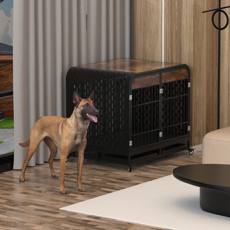 Heavy Duty Dog Crate Furniture Wooden Table Pet Dog Cage Kennel House Indoor Side End Table Decor with Removable Trays and Lockable Wheels for Medium and Large Dogs