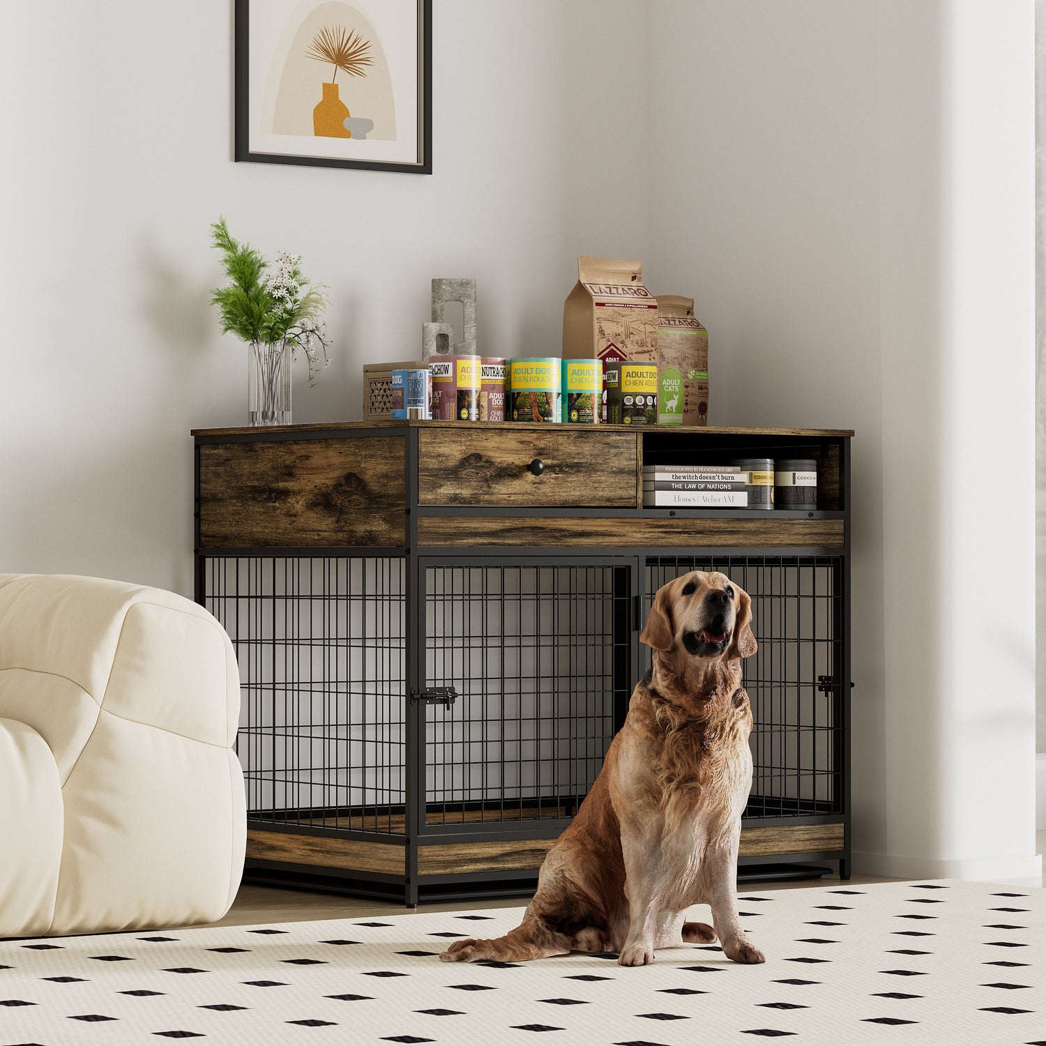 Furniture Dog Cage Crate with Double Doors ,Rustic Brown
