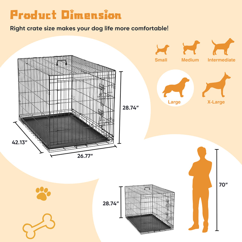 Dog Crate with Divider Panel,Double Door Folding Metal Wire Dog Cage with Plastic Leak-Proof Pan Tray, Pet Kennel for Indoor