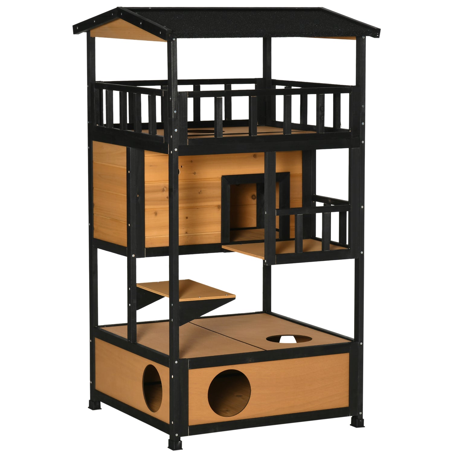 Wooden Outdoor Cat House, Feral Cat Shelter Kitten Tree with Asphalt Roof, Escape Doors, Condo, Jumping Platform, Yellow