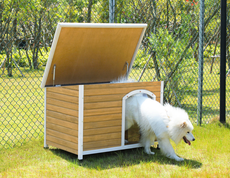 Medium Wooden Outdoor Dog House, Waterproof Roof, Elevated Floor, Adjustable Plastic Feet, Red, Grey, Yellow