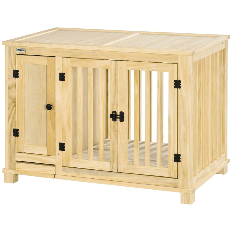 Wood Dog Crate Furniture with Hidden Food Bowl in Drawer, Dog Crate End Table with Cushion, Double Doors, for Small Dogs Indoor Use, Natural