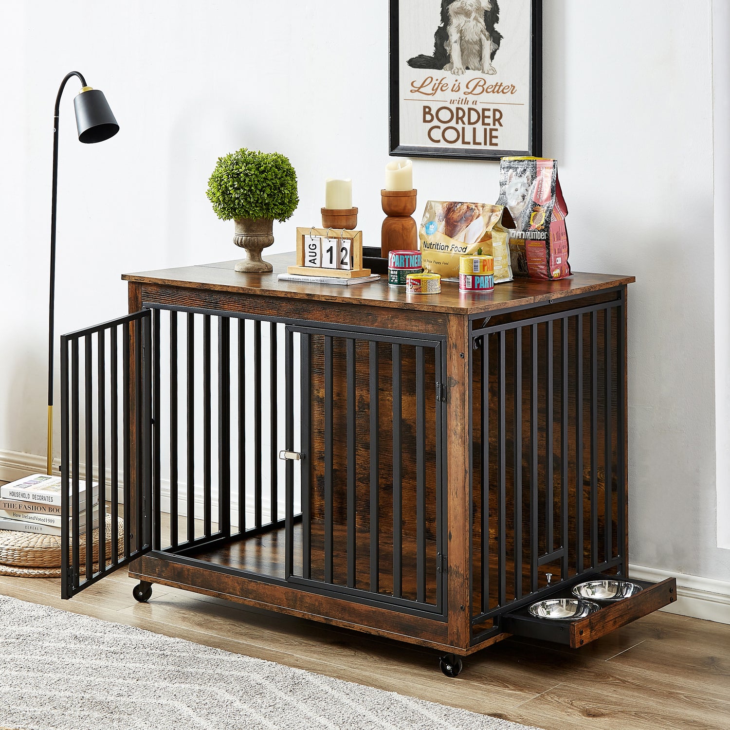 Furniture Style Dog Crate Side Table With Feeding Bowl, Wheels, Three Doors, Flip-Up Top Opening. Indoor, Rustic Brown, Grey