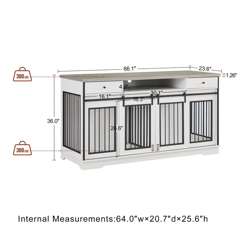 Super large TV cabinet dog crate dog cage with 2 drawers End table, dog cage can keep two dogs. White & Grey, 66.1'' W x 23.6'' D x 36'' H.