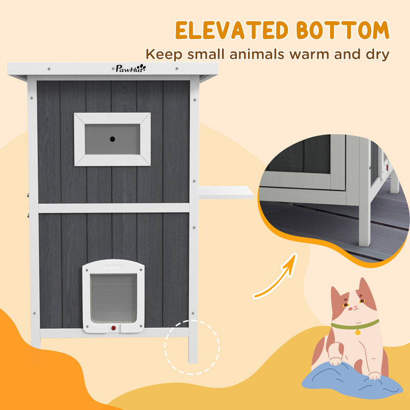 Outdoor Cat House, Wooden Cat House 2 Tiers Cat Shelter with Weatherproof Roof, Removable Floor, Escape Doors, for 1-2 Cats, Gray