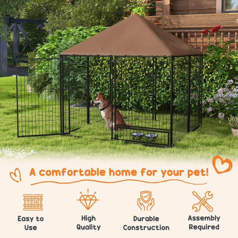 Outside Dog Kennel, 4.6' x 4.6' x 5' Puppy Play Pen with Canopy, Garden Playpen Fence Crate Enclosure Cage Rotating Bowl, Black