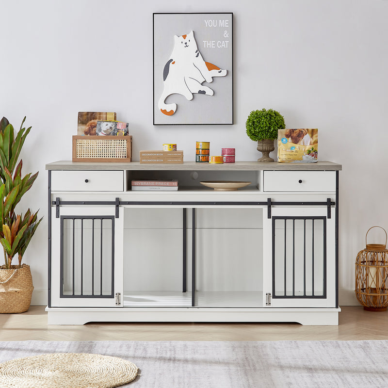 Super large TV cabinet dog crate dog cage with 2 drawers End table, dog cage can keep two dogs. White & Grey, 66.1'' W x 23.6'' D x 36'' H.