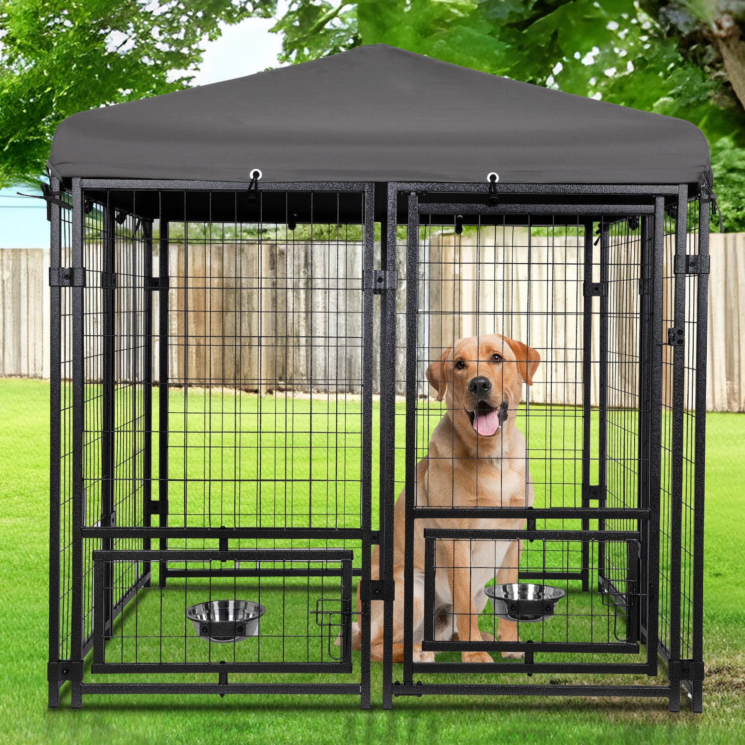 Outdoor Dog Kennel 4.5' x 4.5' x 4.8' with Waterproof Heavy Duty Metal Dog Cage,Outside Dog Enclosure with Lockable Door with Roof & Rotating Feeding Door,2 Bowl Holders and Bowls for Small/Medium Dog