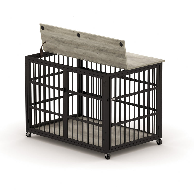 Furniture style dog crate wrought iron frame door with side openings, Rustic Brown, 43.3''W x 29.9''D x 33.5''H.