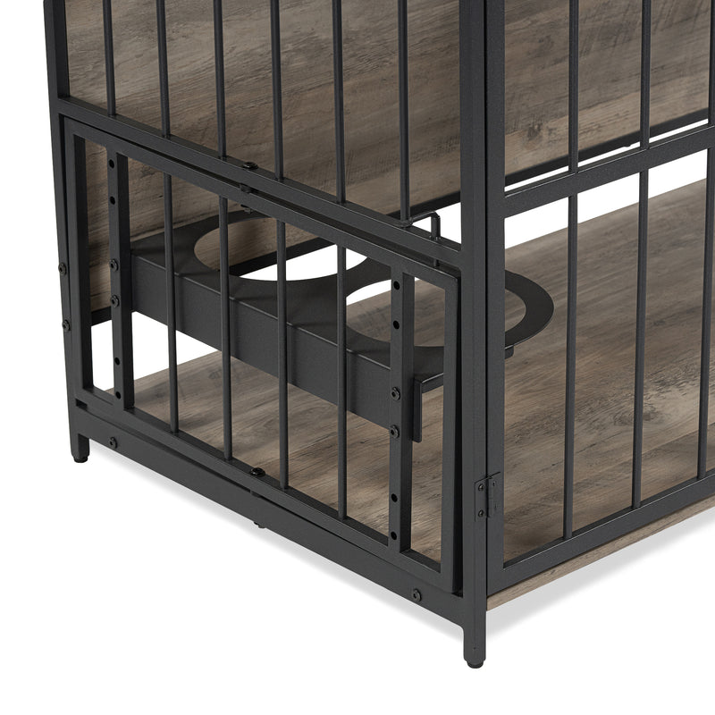 Heavy Duty Dog Crate Furniture for Medium Dog with Lockable Wheels, Wooden Dog Crate Dog Kennel, End Table Crate with Double layer storage, Grey, Brown
