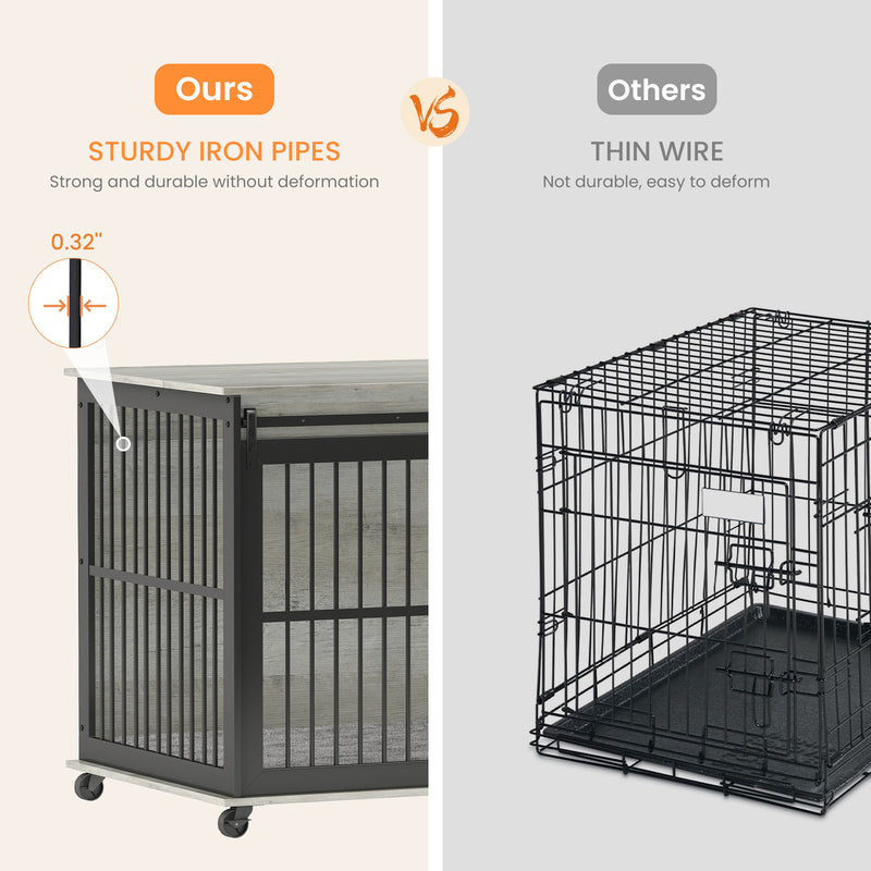 Furniture dog crate sliding iron door dog crate with mat. (Rustic Brown, Grey, 43.7''W x 30''D x 33.7''H)