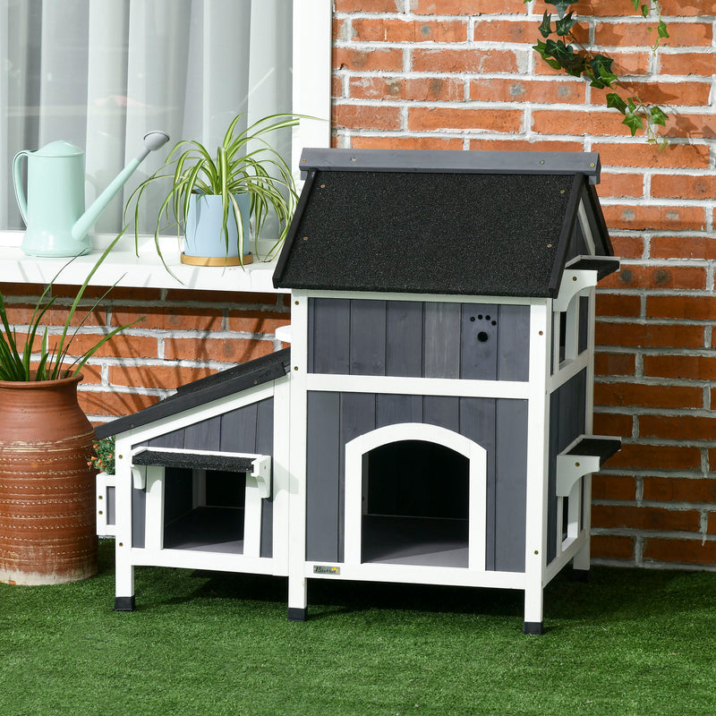 Outdoor Cat House with Weather-resistant Roof & Garden Bed, Outdoor Cat Shelter Enclosure with Multiple Entrances, Modern Cat Furniture Hideout, Cat Gifts, Gray