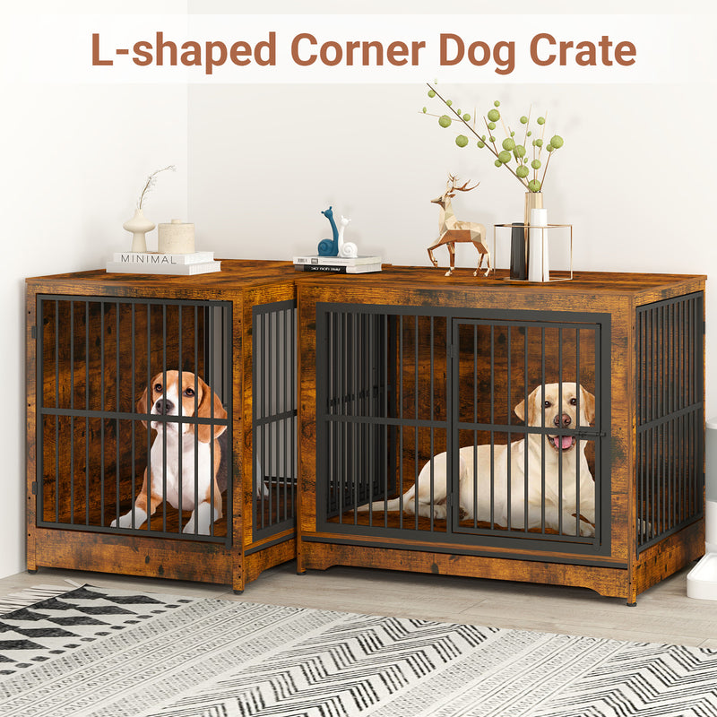 86 Inch Double Dog Crate Furniture with Divider, Large Dog Kennel Furniture for 2 Dogs, Corner Dog Kennel for Small Medium Large Dogs