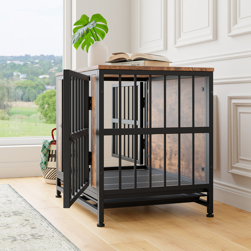 Dog Crate Furniture,  Wooden Dog Crate Table, Dog Kennel with 2 Sliding Doors and Thick Iron Door Frame, Decorative Pet Crate House for Small Dog Indoor Use