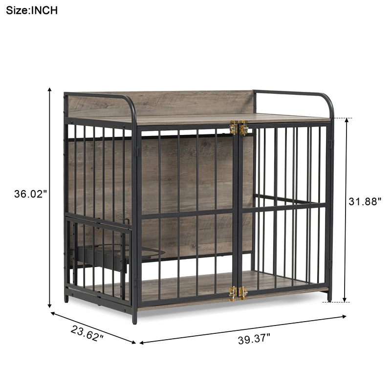 Heavy Duty Dog Crate Furniture for Medium Dog with Lockable Wheels, Wooden Dog Crate Dog Kennel, End Table Crate with Double layer storage, Grey, Brown