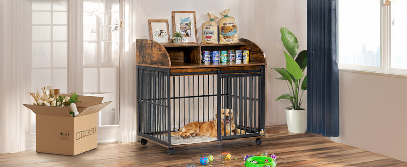 Heavy Duty Dog Crate Furniture for Medium Dog with Lockable Wheels, Wooden Dog Crate Dog Kennel, End Table Crate with Double layer storage, Grey, Brown