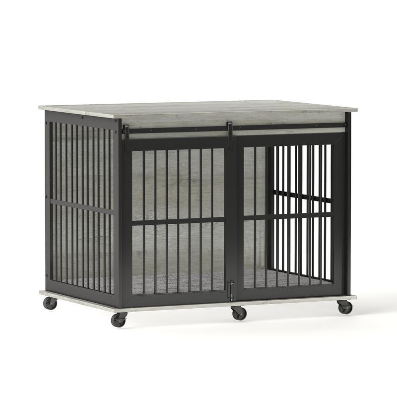Furniture dog crate sliding iron door dog crate with mat. (Rustic Brown, Grey, 43.7''W x 30''D x 33.7''H)