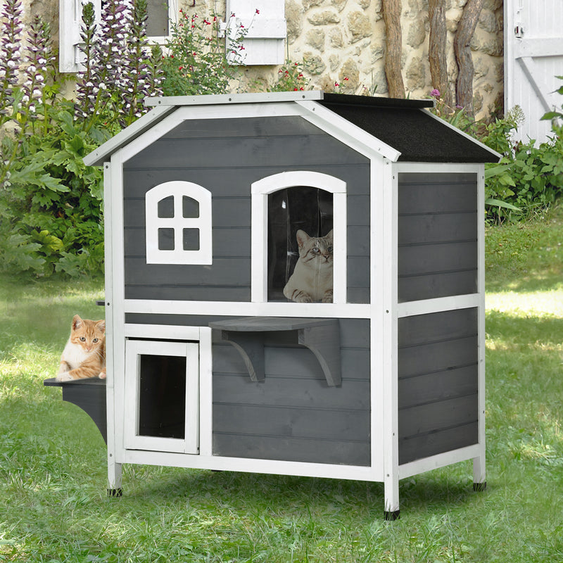 2-story Cat House Outdoor, Weatherproof Wooden Cat Enclosure for Feral Cats with Escape Door, Openable Roof, Jumping Platforms, Gray