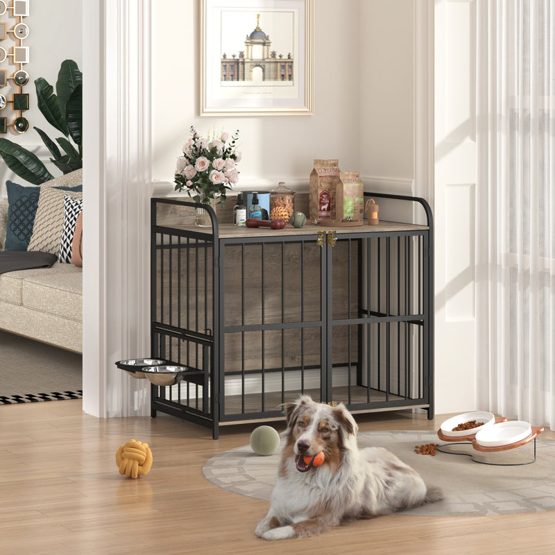 Heavy Duty Dog Crate Furniture for Medium Dog with Lockable Wheels, Wooden Dog Crate Dog Kennel, End Table Crate with Double layer storage, Grey, Brown