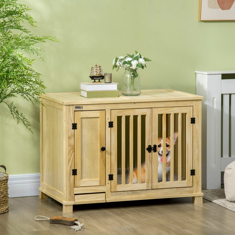 Wood Dog Crate Furniture with Hidden Food Bowl in Drawer, Dog Crate End Table with Cushion, Double Doors, for Small Dogs Indoor Use, Natural