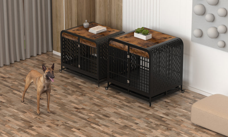 Heavy Duty Dog Crate Furniture Wooden Table Pet Dog Cage Kennel House Indoor Side End Table Decor with Removable Trays and Lockable Wheels for Medium and Large Dogs