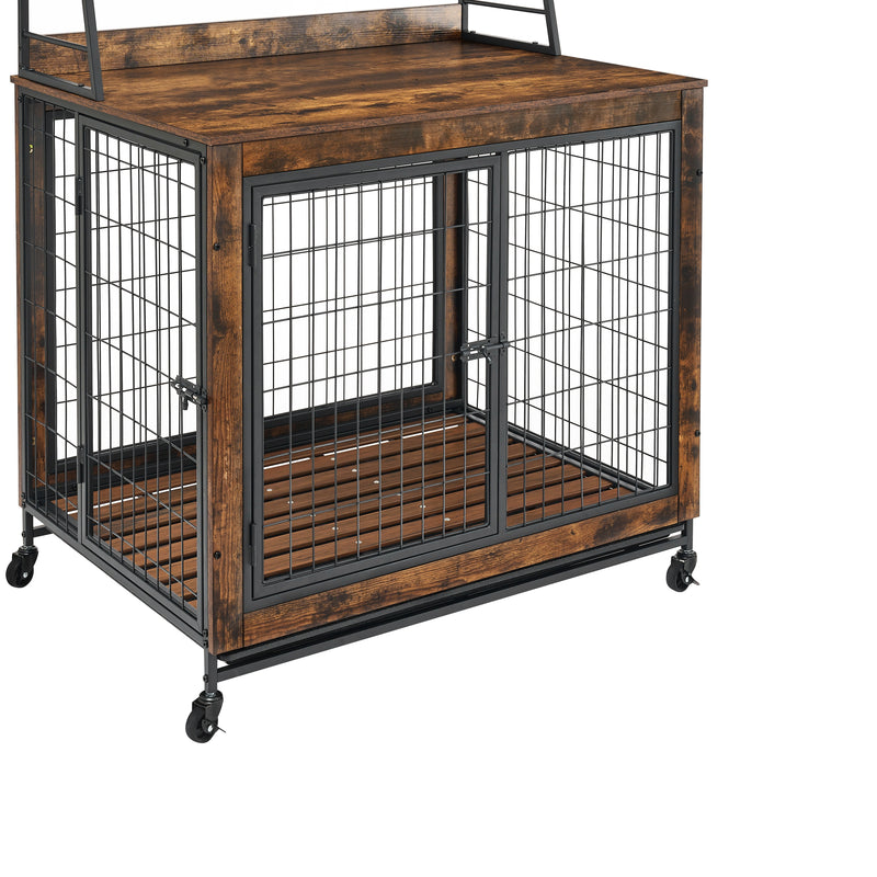 Furniture type dog cage iron frame door with cabinet, two door design, Rustic Brown, 37.99"WX27.36"DX59.92"H