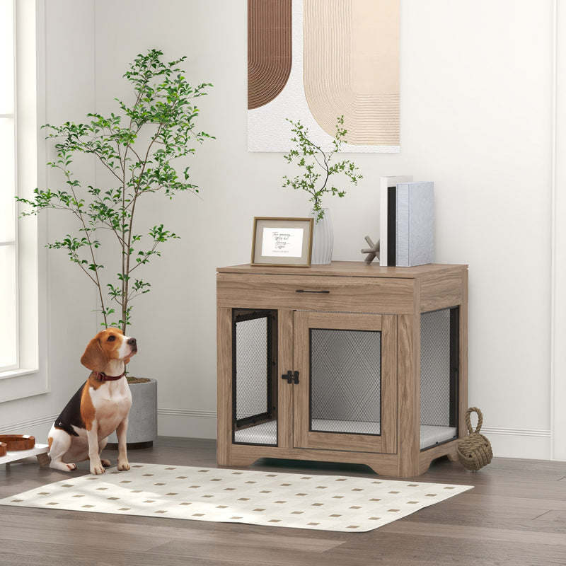 Dog Crate Furniture with Soft Water-Resistant Cushion, Dog Crate End Table with Drawer, Puppy Crate for Small Dogs Indoor with 2 Doors, Brown