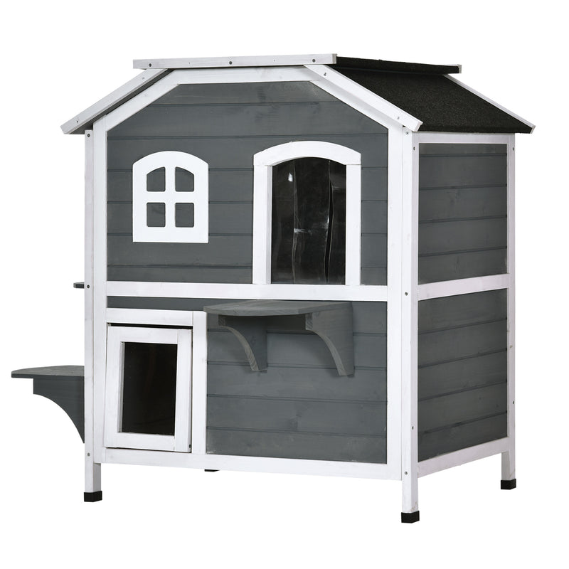 2-story Cat House Outdoor, Weatherproof Wooden Cat Enclosure for Feral Cats with Escape Door, Openable Roof, Jumping Platforms, Gray