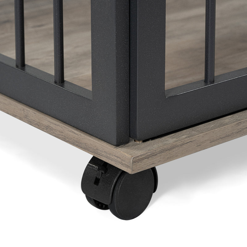 Heavy Duty Dog Crate Furniture for Medium Dog with Lockable Wheels, Wooden Dog Crate Dog Kennel, End Table Crate with Double layer storage, Grey, Brown