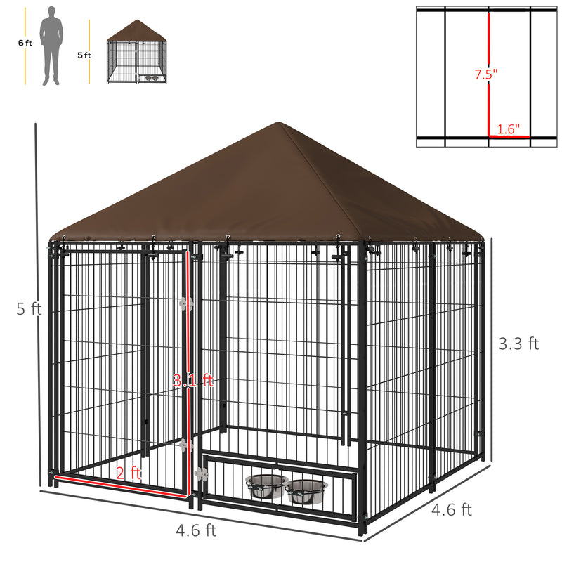 Outside Dog Kennel, 4.6' x 4.6' x 5' Puppy Play Pen with Canopy, Garden Playpen Fence Crate Enclosure Cage Rotating Bowl, Black