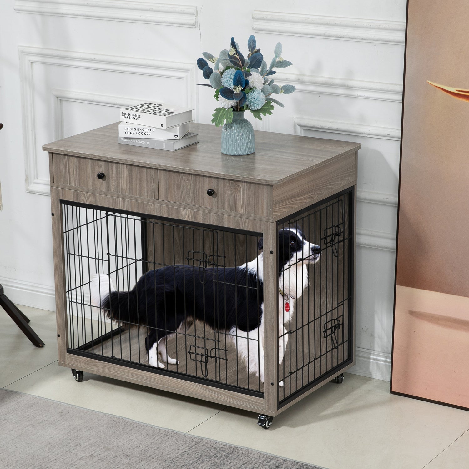 Dog Crate Furniture, Wooden Dog Crate End Table, Dog Kennel with 2 Drawers Storage, Heavy Duty Dog Crate, Decorative Pet Crate Dog Cage for Large Indoor Use