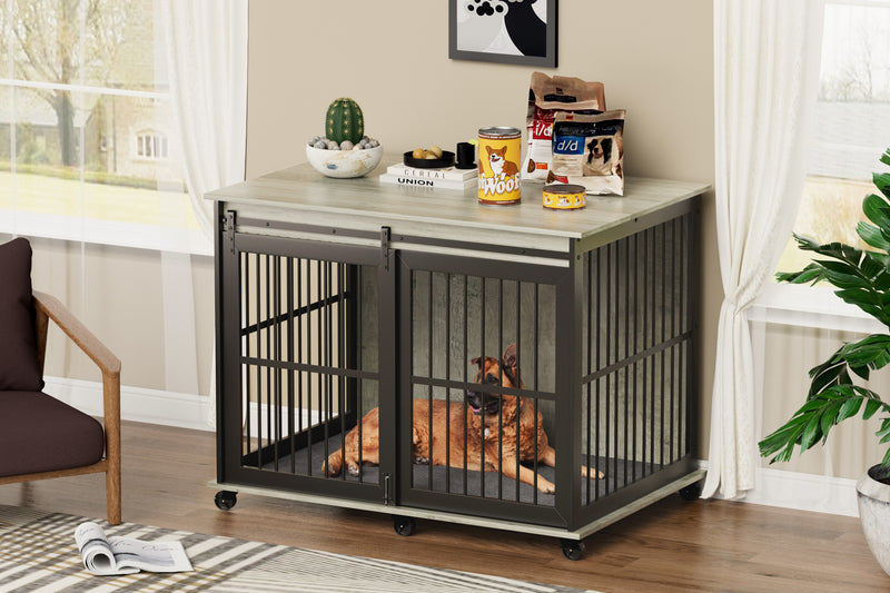 Furniture dog crate sliding iron door dog crate with mat. (Rustic Brown, Grey, 43.7''W x 30''D x 33.7''H)